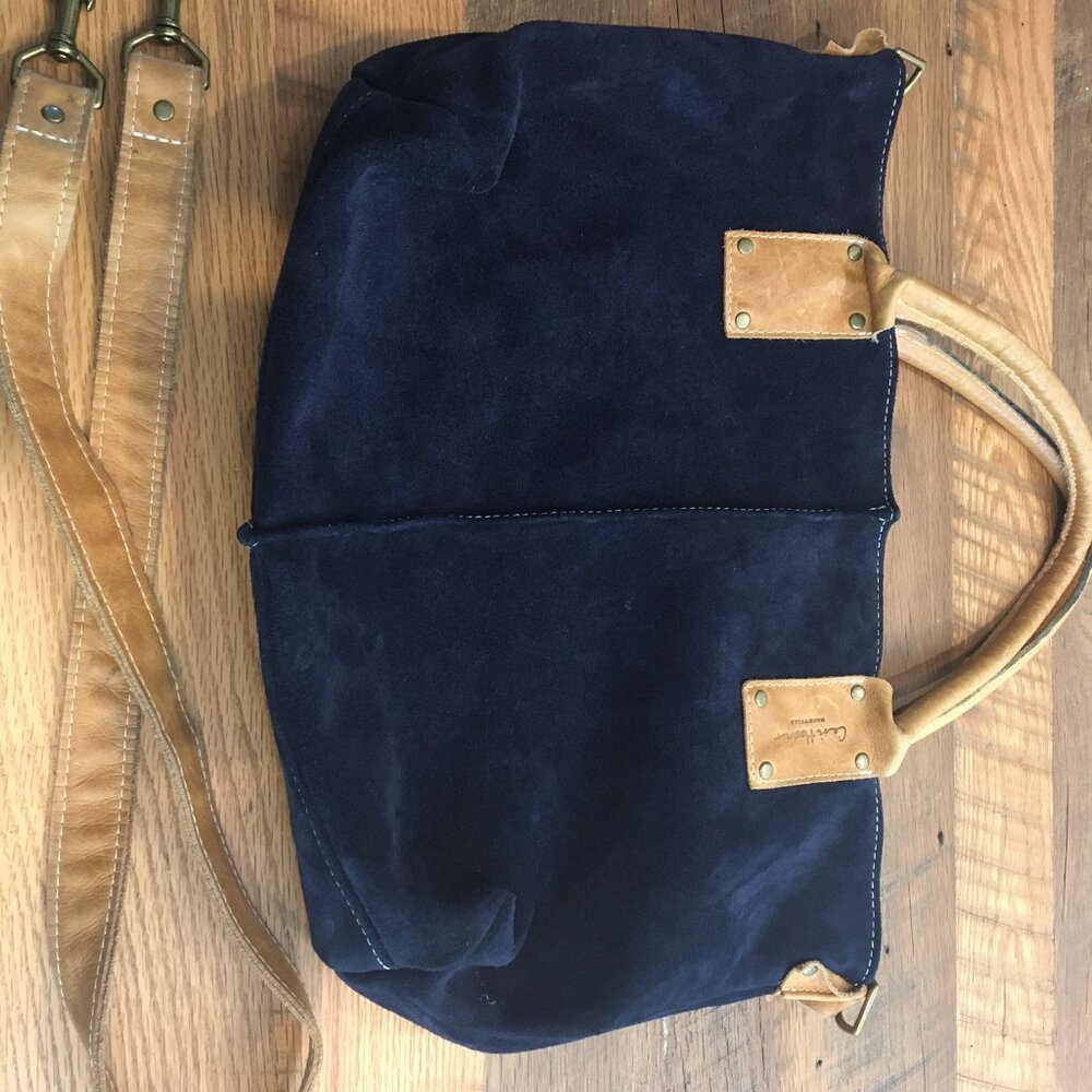 Ceri Hoover Vintage Blue Suede White Stitch Leather Handle Tote